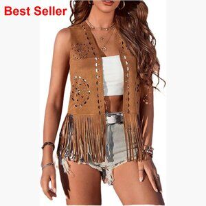 Faux Suede Fringe Vest Open Front Sleeveless Cardigan Jacket